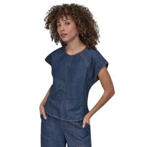 DKNY Women's Cotton Cap-Sleeve Seamed Top in Denim Crosby Wash